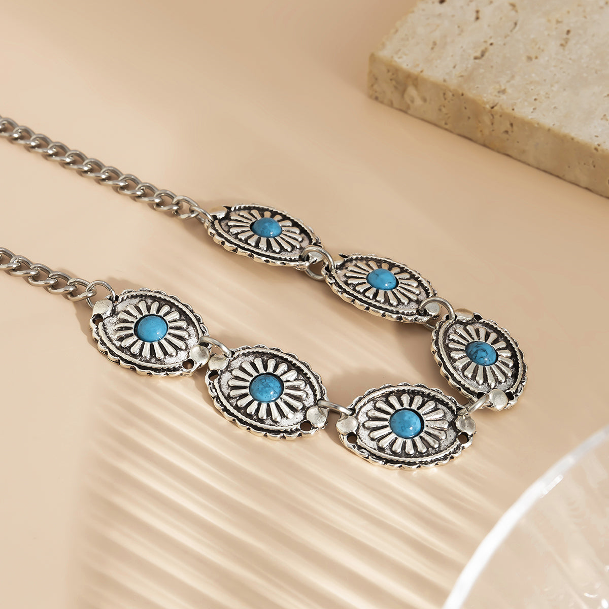 Turquoise & Silver-Plated Floral Oval Station Necklace
