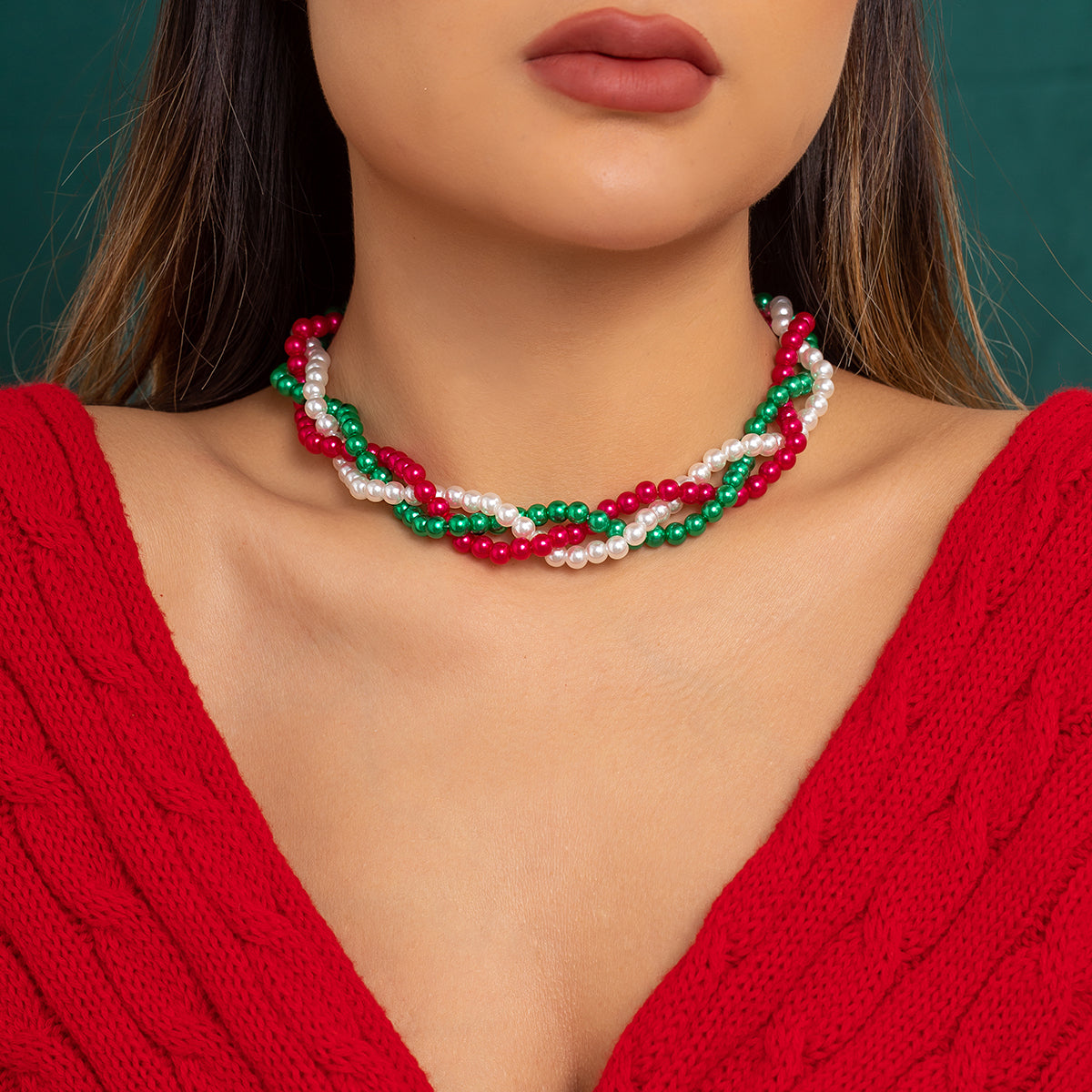 Red and Green Acrylic Pearl Crossing Necklace, chunky choker necklace, dainty minimalist design, front view
