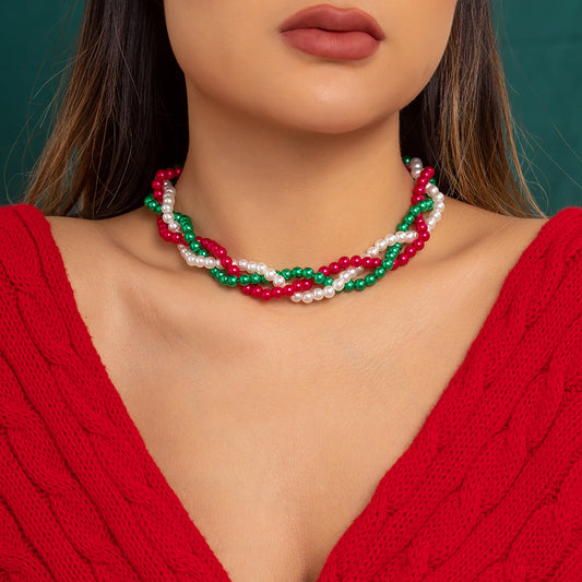 Red and Green Acrylic Pearl Crossing Necklace, chunky choker necklace, dainty minimalist design, front view