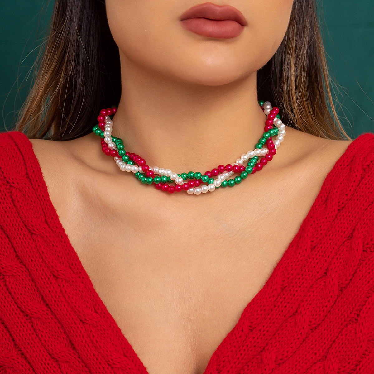 Red & Green Acrylic Pearl Crossing Necklace