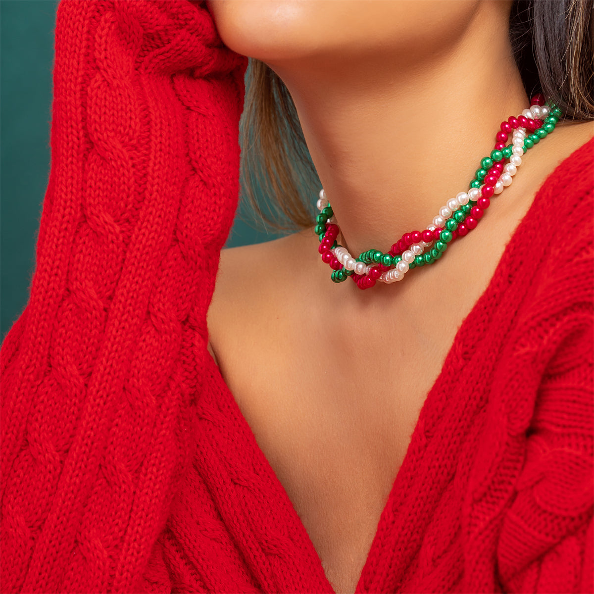 Red & Green Acrylic Pearl Crossing Necklace