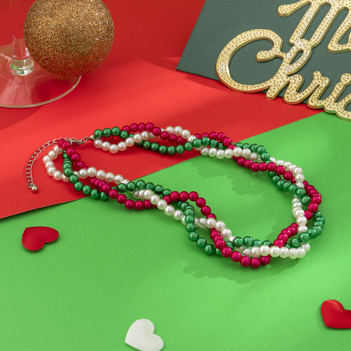 Red and Green Acrylic Pearl Crossing Necklace, chunky choker necklace, dainty minimalist design, lifestyle look