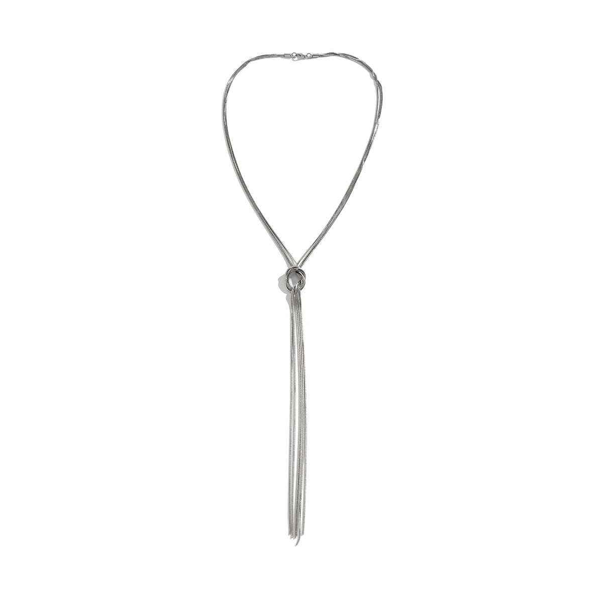 Silver-Plated Knotted Lariat Necklace, silver pendant necklace for women, vintage-inspired design, styled look