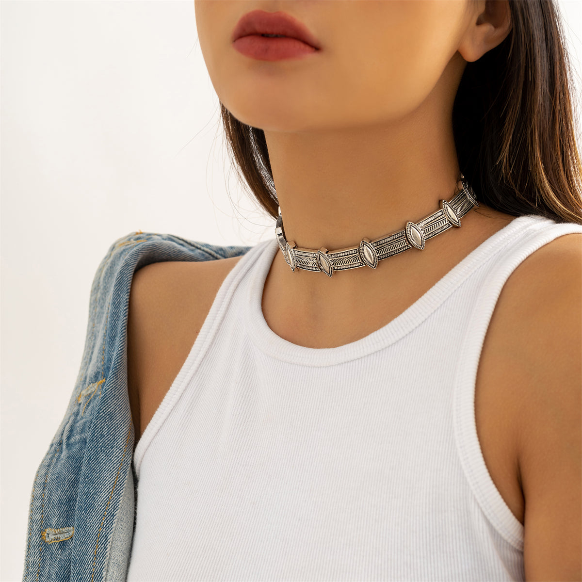 Silver-Plated Marquise Choker Necklace, chunky silver choker necklace, botanical inspired, front view