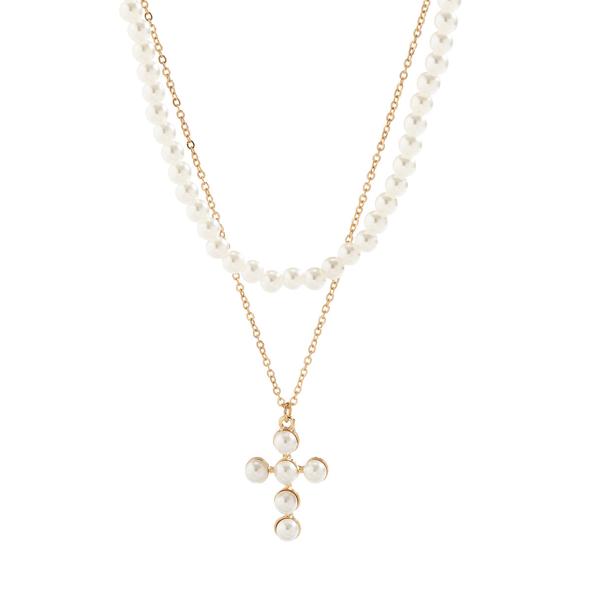 Pearl & 18K Gold-Plated Cross Layered Pendant Necklace