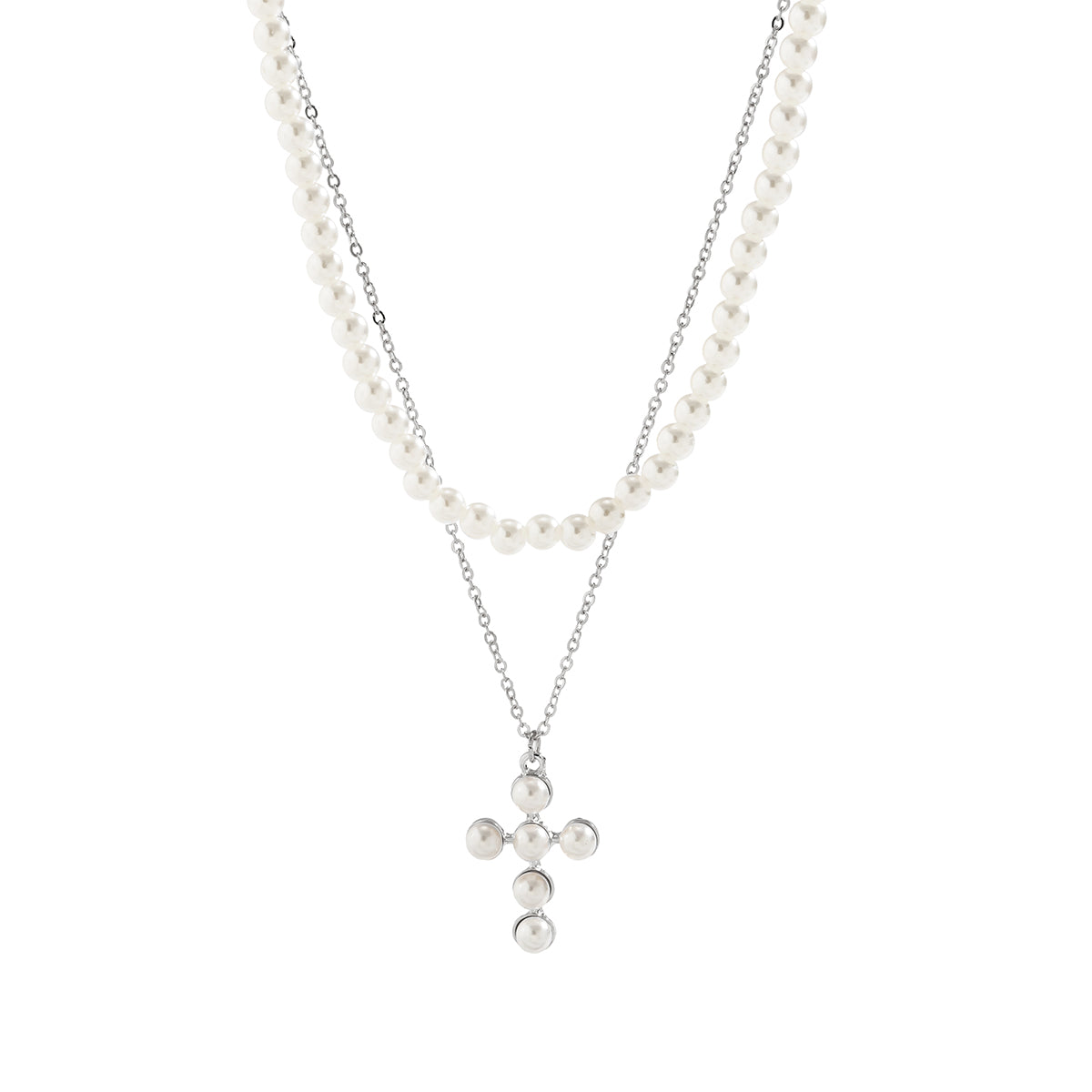 Pearl & Silver-Plated Cross Pendant Layered Necklace