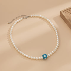 Blue Acrylic & Pearl Evil Eye Cube Pendant Necklace