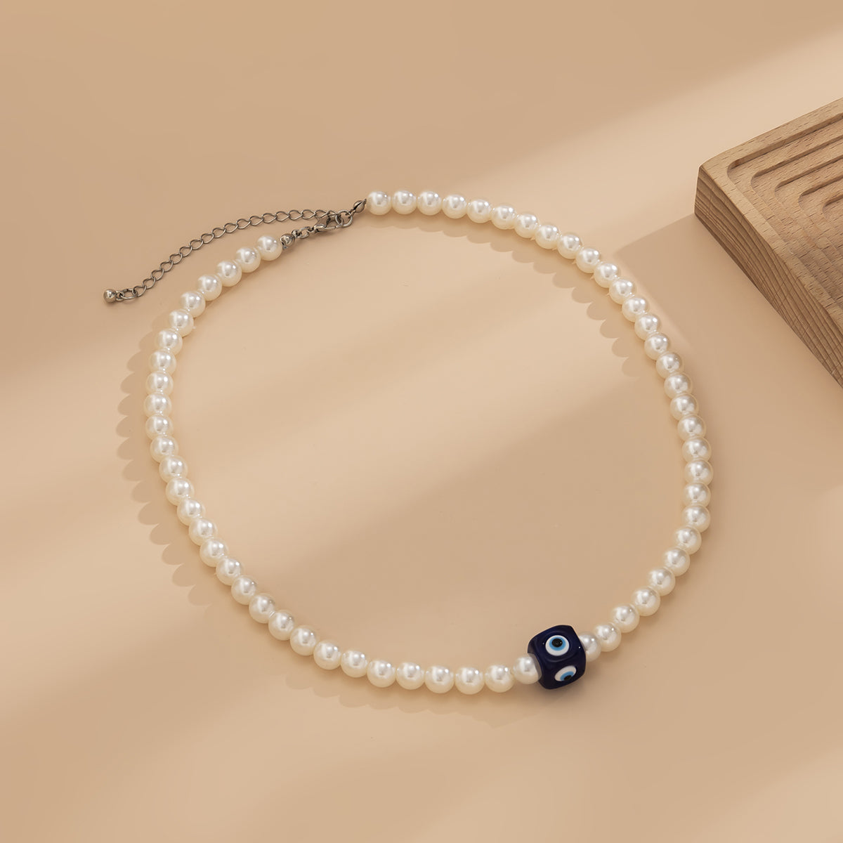 Navy Acrylic & Pearl Evil Eye Cube Pendant Necklace