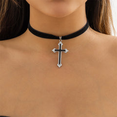 Black Enamel & Silver-Plated Cross Pendant Choker Necklace