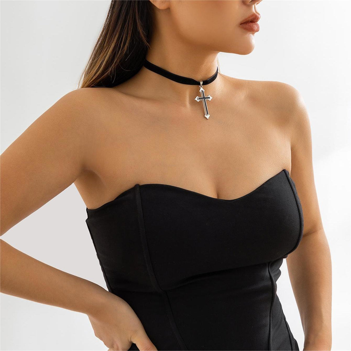 Black Enamel & Silver-Plated Cross Pendant Choker Necklace