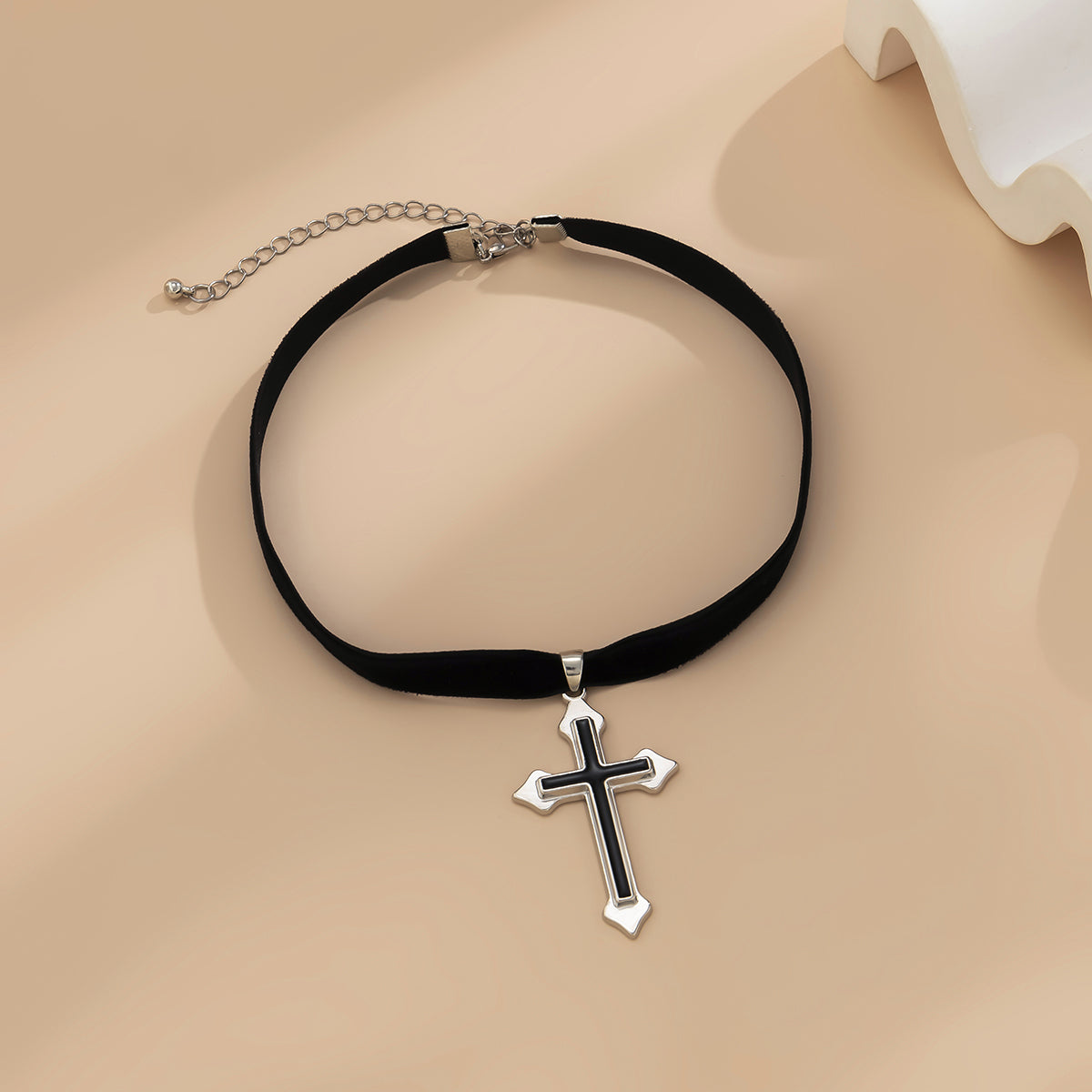 Black Enamel and Silver-Plated Cross Pendant Choker Necklace, chunky silver choker necklace, lifestyle look