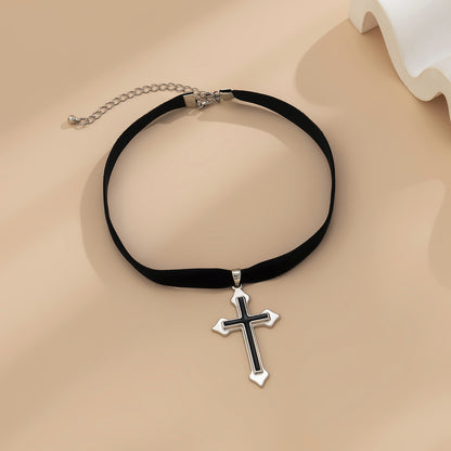 Black Enamel and Silver-Plated Cross Pendant Choker Necklace, chunky silver choker necklace, lifestyle look