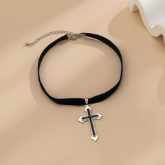 Black Enamel & Silver-Plated Cross Pendant Choker Necklace