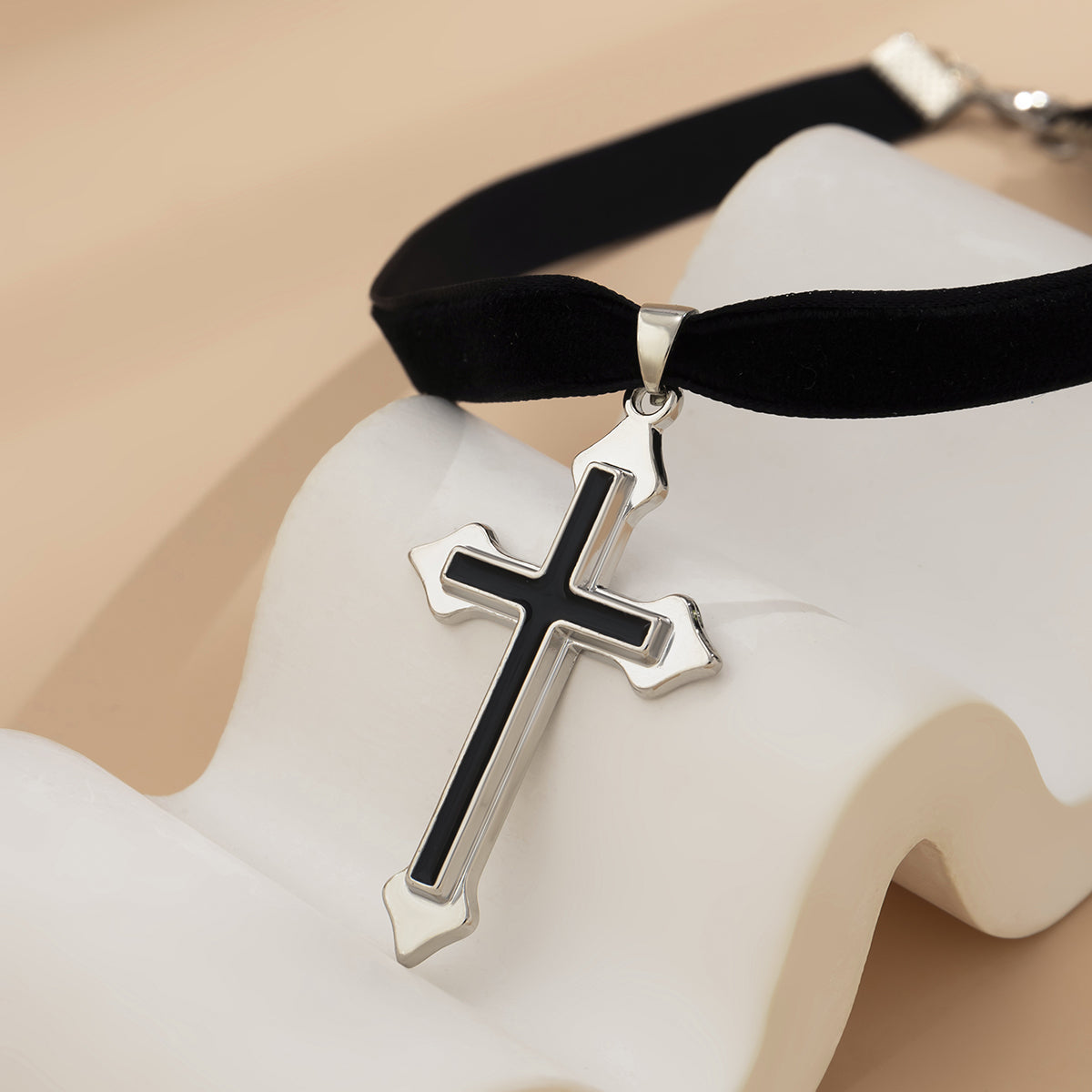 Black Enamel and Silver-Plated Cross Pendant Choker Necklace, chunky silver choker necklace, detail close-up