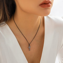 Cubic Zirconia & Black-Plated Cable Chain Cross Pendant Necklace