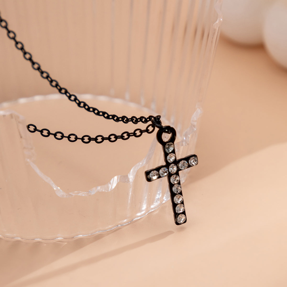 Cubic Zirconia & Black-Plated Cable Chain Cross Pendant Necklace