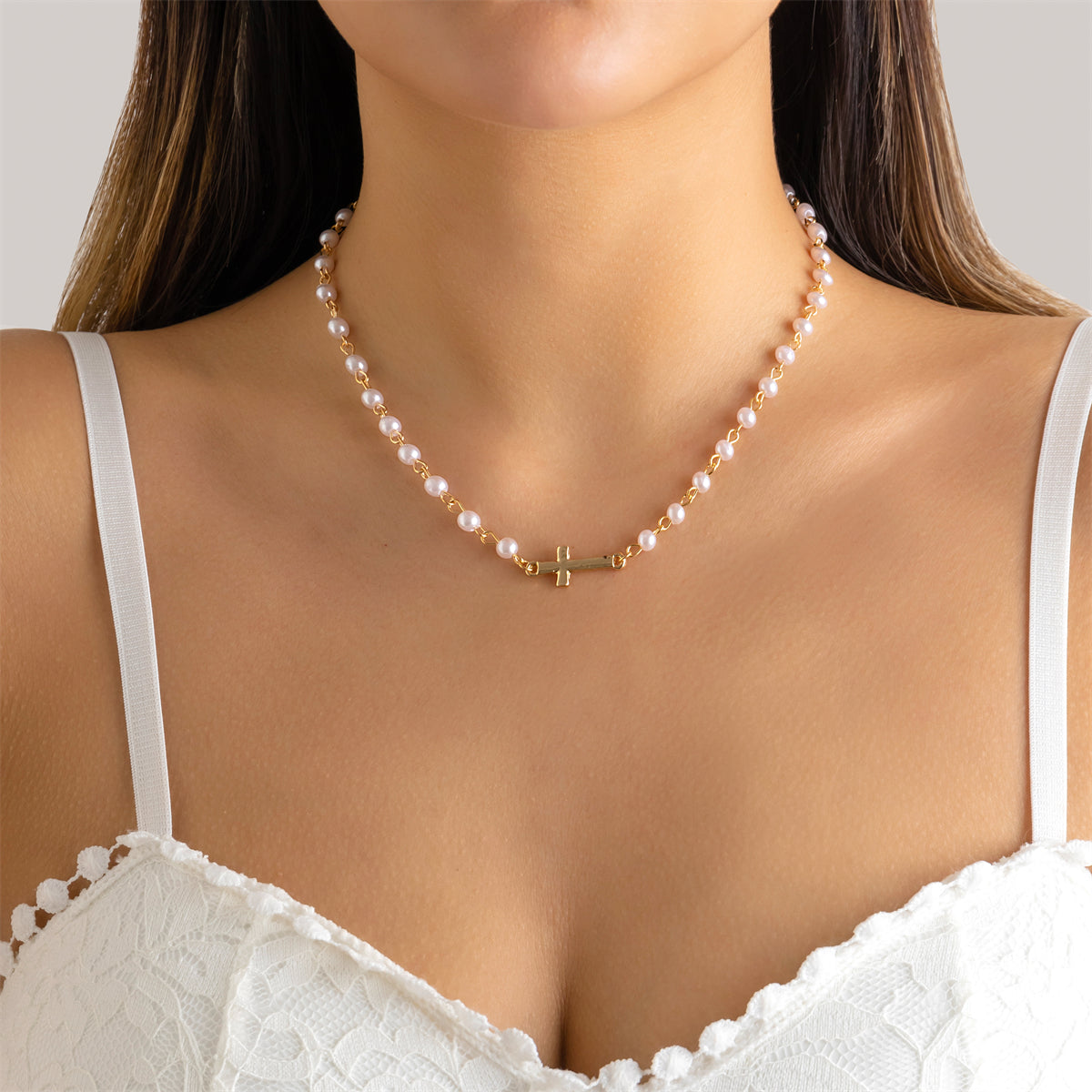 Pearl & 18K Gold-Plated Sideways Cross Pendant Necklace