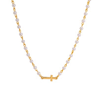 Pearl & 18k Gold-Plated Sideways Cross Pendant Necklace