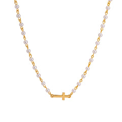 Pearl & 18K Gold-Plated Sideways Cross Pendant Necklace