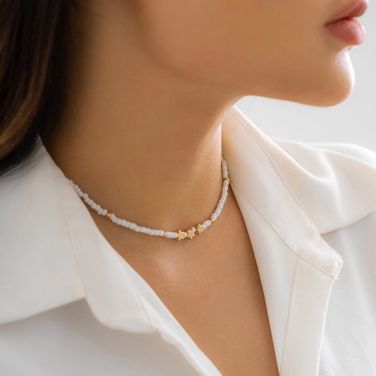 White Howlite and 18K Gold-Plated Star Beaded Pendant Necklace, gold pendant necklace for women, front view
