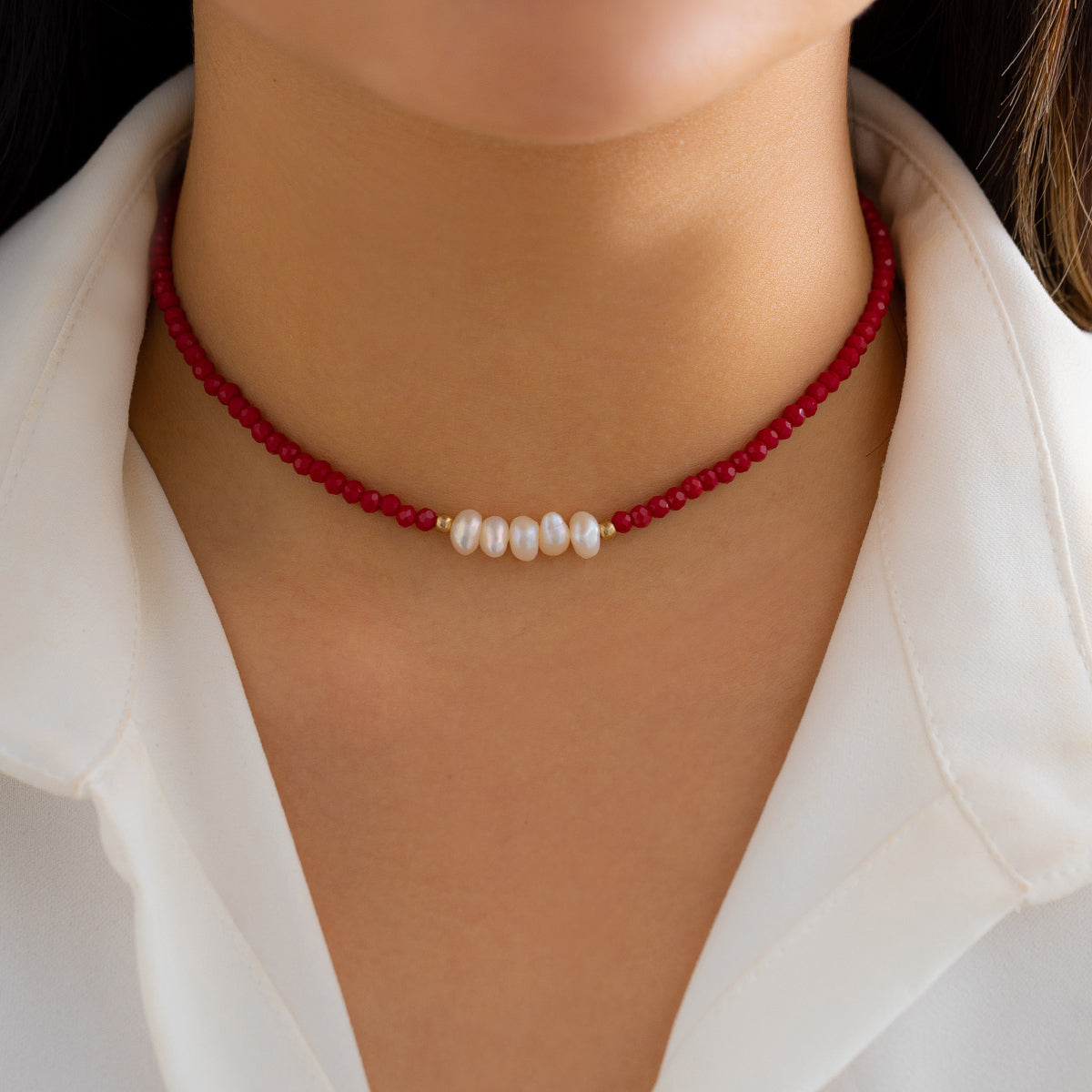 Red Acrylic & Pearl Beaded Necklace