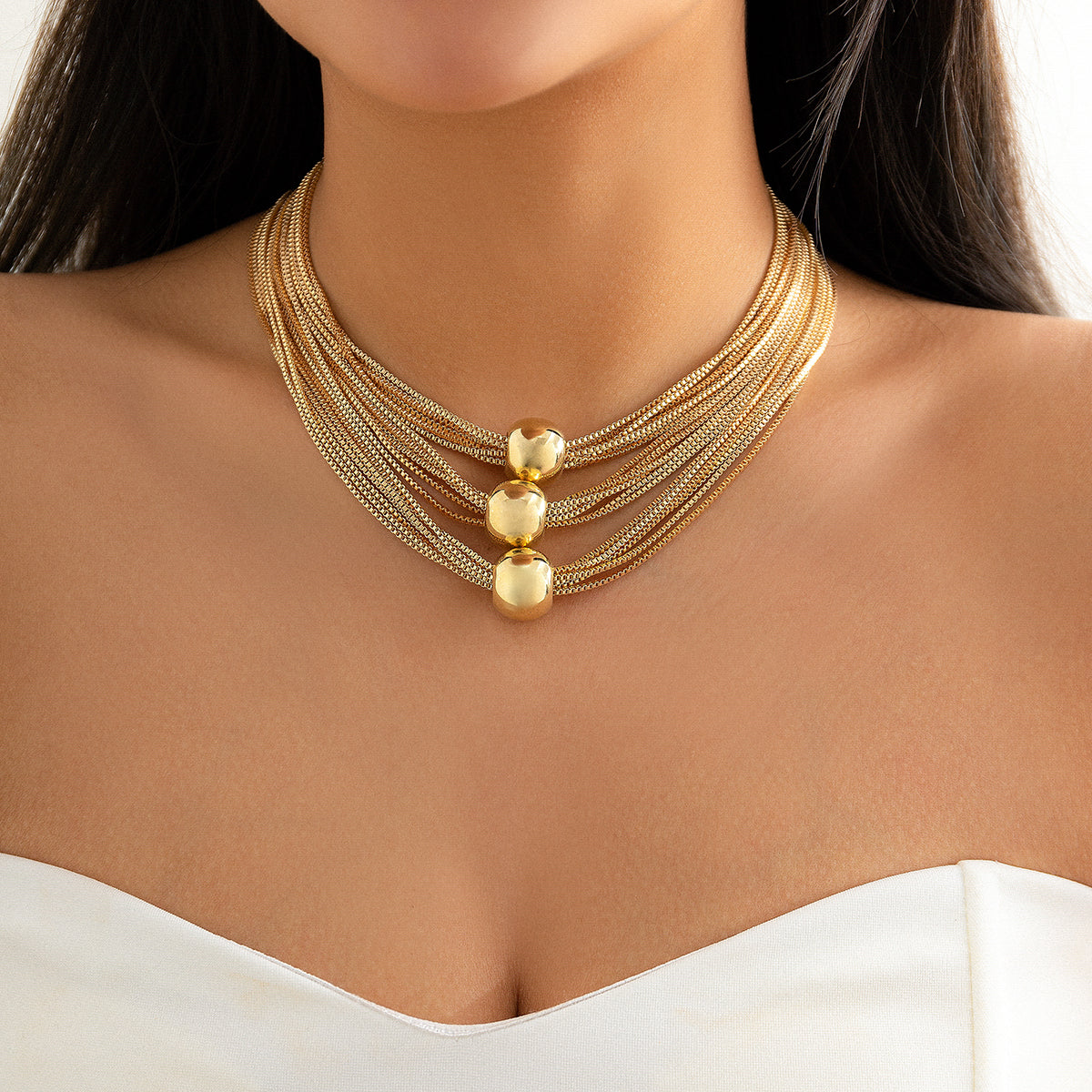 18K Gold-Plated Ball Layered Collar Necklace, gold pendant necklace for women, botanical inspired, front view