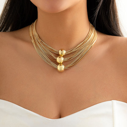 18K Gold-Plated Ball Layered Collar Necklace, gold pendant necklace for women, botanical inspired, front view