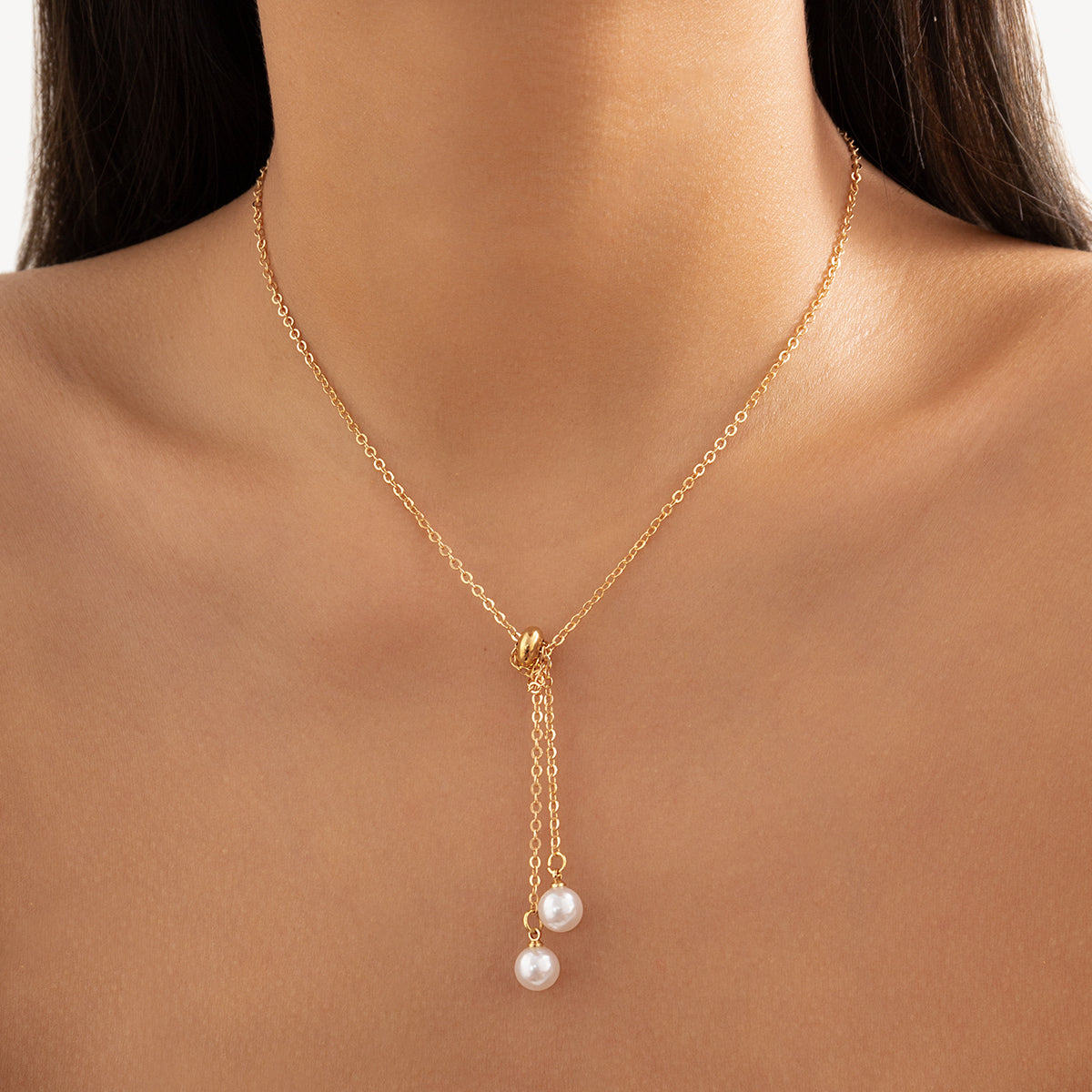 Pearl and 18K Gold-Plated Two-Drop Lariat Pendant Necklace, gold pendant necklace for women, elegant gift for her, front view