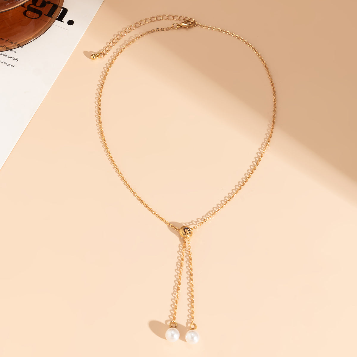 Pearl and 18K Gold-Plated Two-Drop Lariat Pendant Necklace, gold pendant necklace for women, lifestyle look
