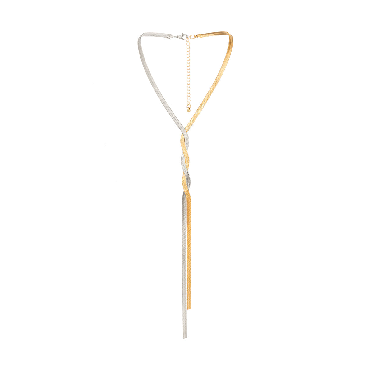 Two Tone Interlocked Herringbone Lariat Necklace, pendant necklace for women, dainty minimalist design, styled look