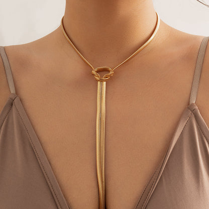 18K Gold-Plated Herringbone Chain Knot Lariat Necklace, gold pendant necklace for women, vintage-inspired design, front view