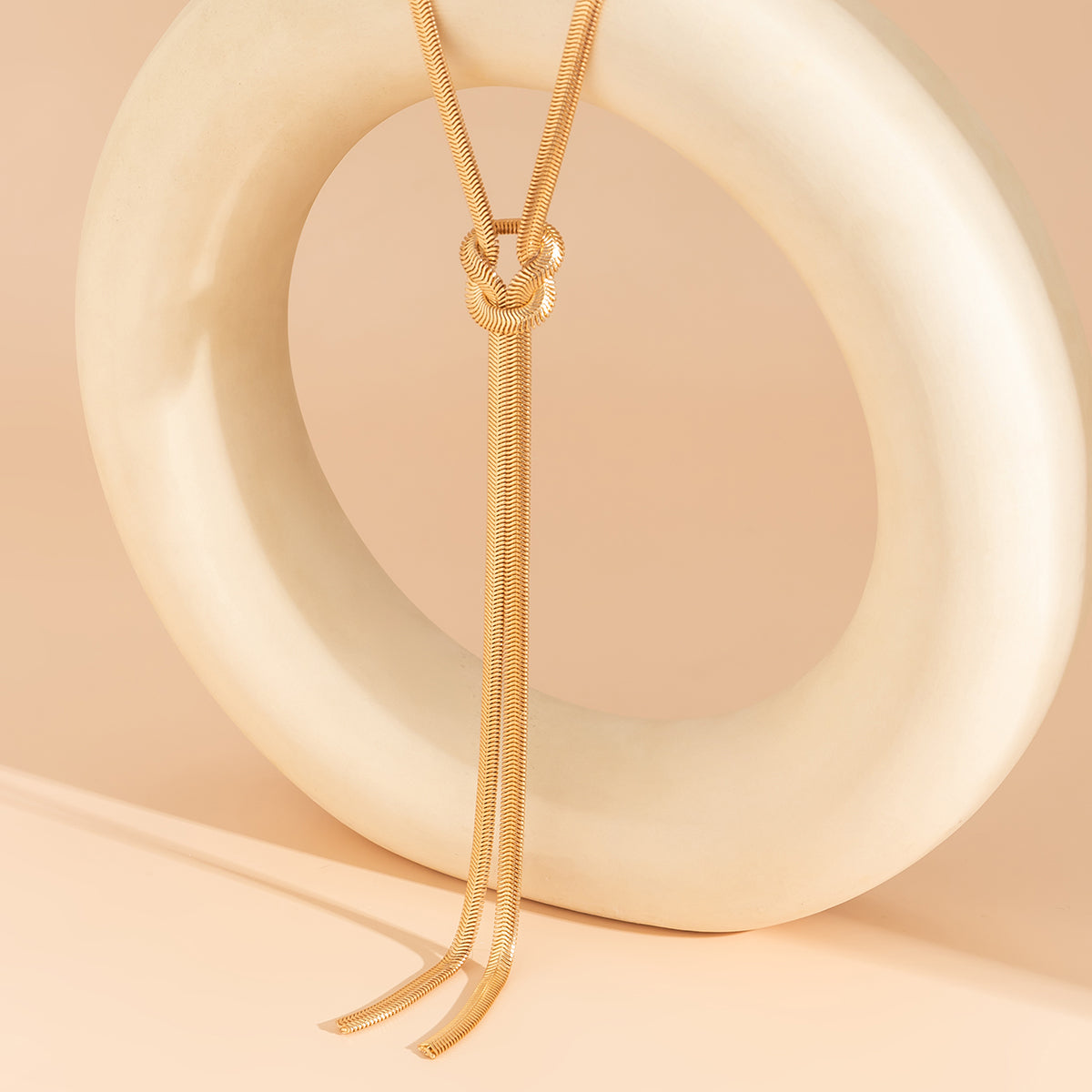 18K Gold-Plated Herringbone Chain Knot Lariat Necklace, gold pendant necklace for women, lifestyle look