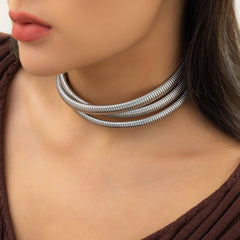 Silver-Plated Herringbone Layered Choker Necklace