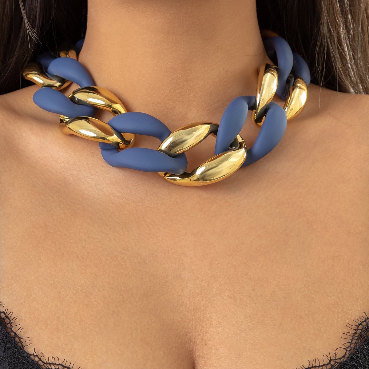 Navy Acrylic and 18K Gold-Plated Curb Chain Necklace, gold pendant necklace for women, everyday style, front view