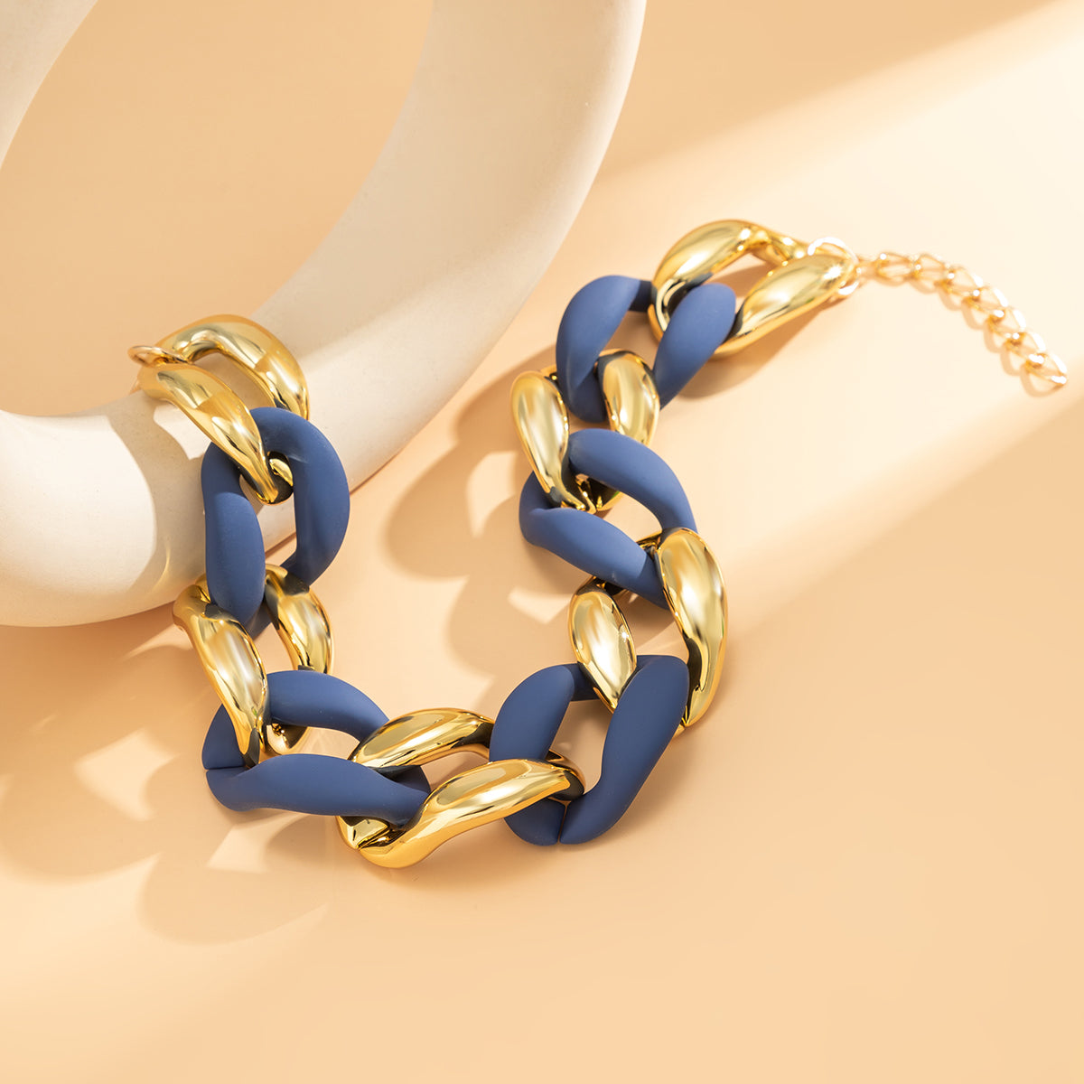 Navy Acrylic and 18K Gold-Plated Curb Chain Necklace, gold pendant necklace for women, everyday style, lifestyle look
