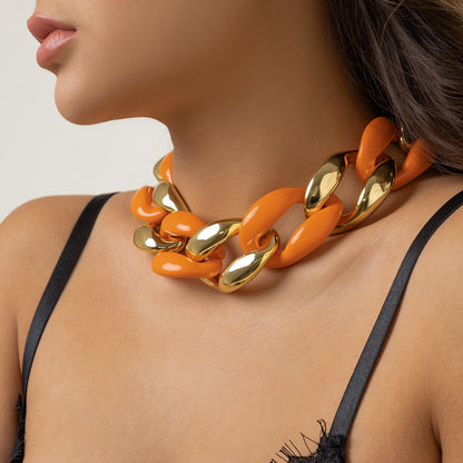 Orange Resin and 18K Gold-Plated Chunky Curb Chain Necklace, gold drop earrings for women, detail close-up