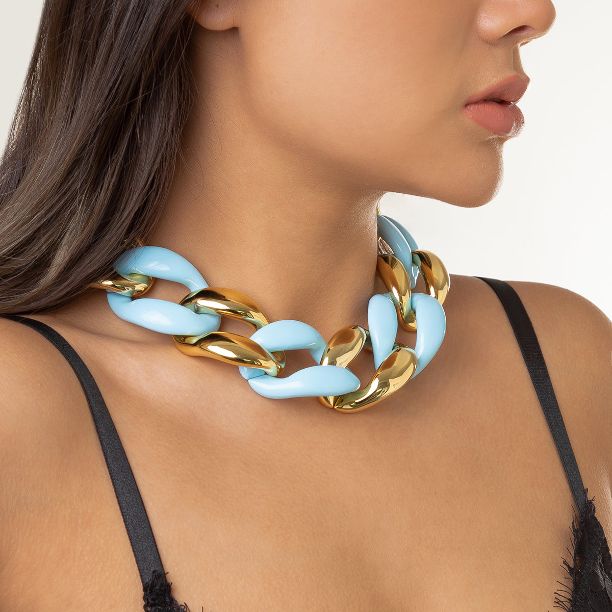 Sky Blue Resin and 18K Gold-Plated Chunky Curb Chain Necklace, gold drop earrings for women, elegant gift for her, side view