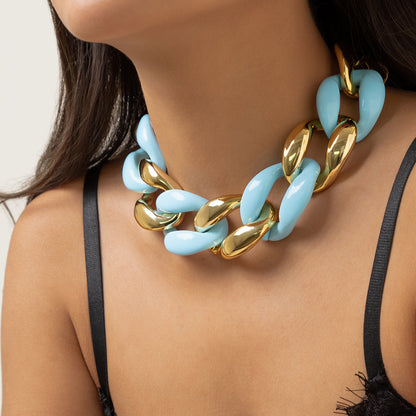 Sky Blue Resin and 18K Gold-Plated Chunky Curb Chain Necklace, gold drop earrings for women, detail close-up