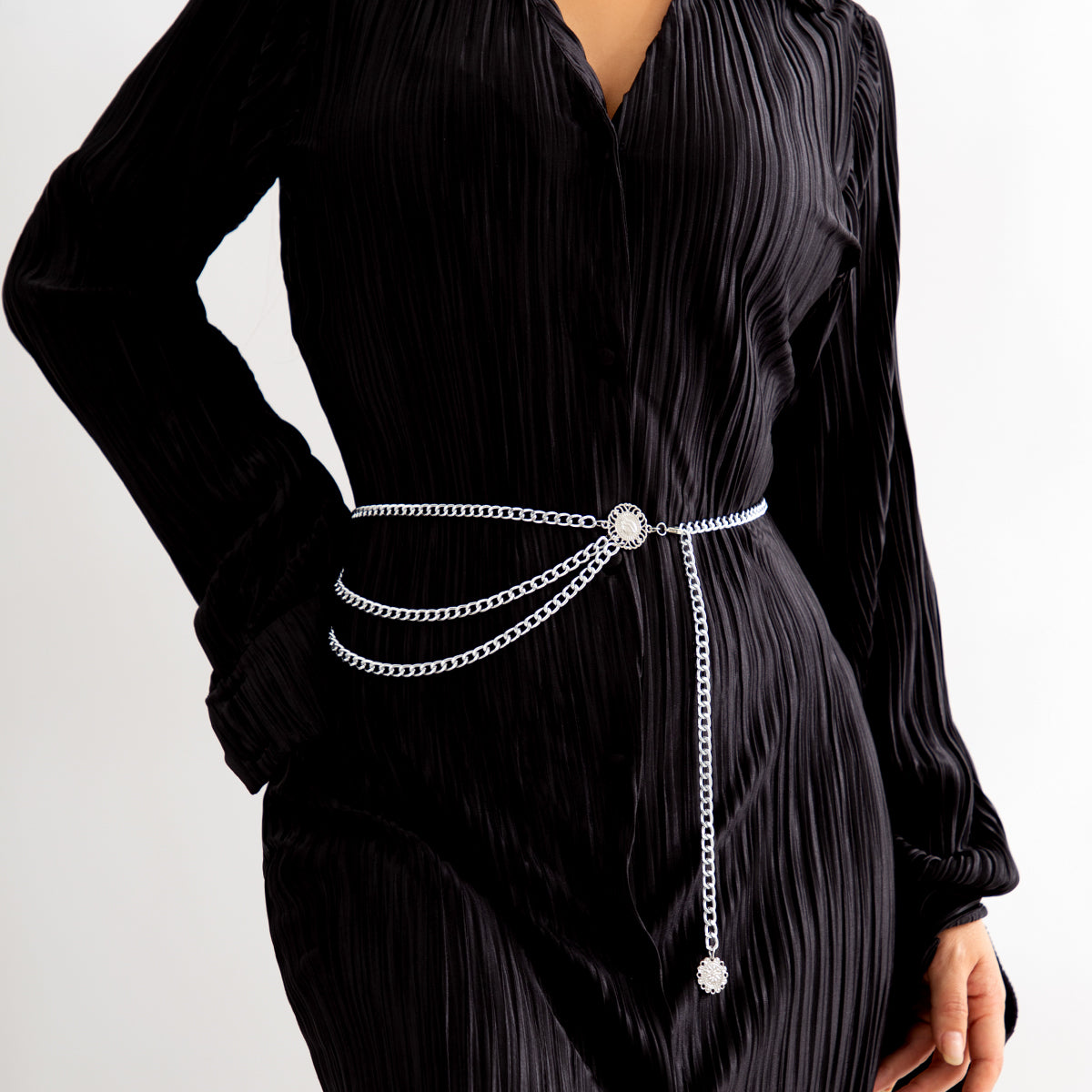 Silver-Plated Tassel-Accent Layered Curb Chain Waist Belt, silver pendant necklace for women, front view