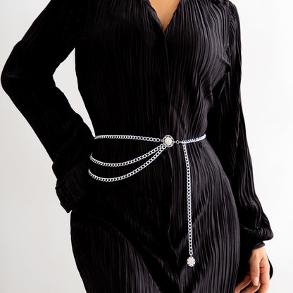 Silver-Plated Tassel-Accent Layered Curb Chain Waist Belt, silver pendant necklace for women, front view
