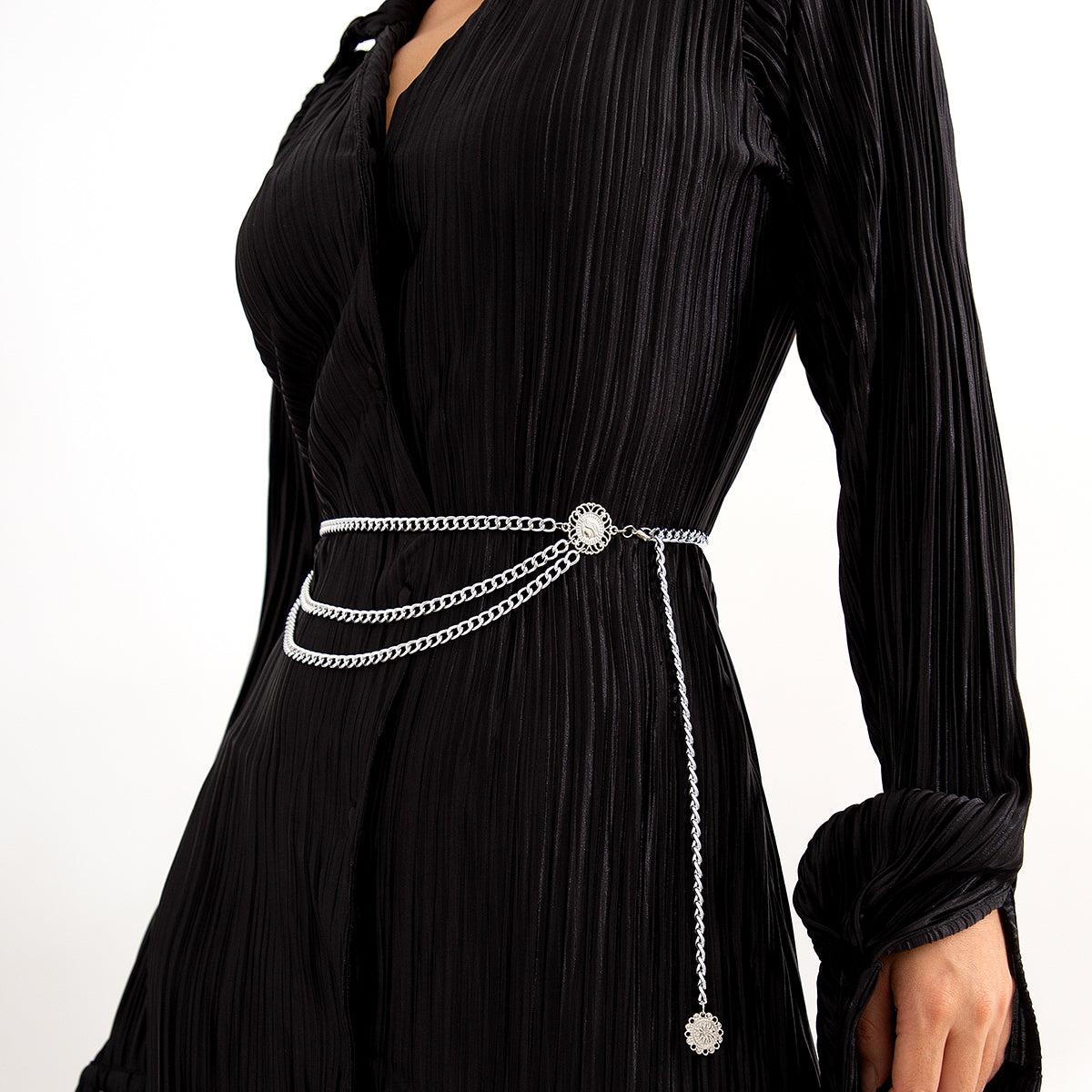 Silver-Plated Tassel-Accent Layered Curb Chain Waist Belt, silver pendant necklace for women, side view