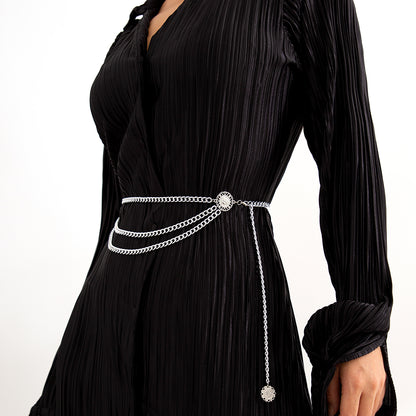 Silver-Plated Tassel-Accent Layered Curb Chain Waist Belt, silver pendant necklace for women, side view