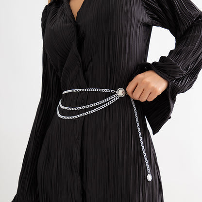 Silver-Plated Tassel-Accent Layered Curb Chain Waist Belt, silver pendant necklace for women, detail close-up