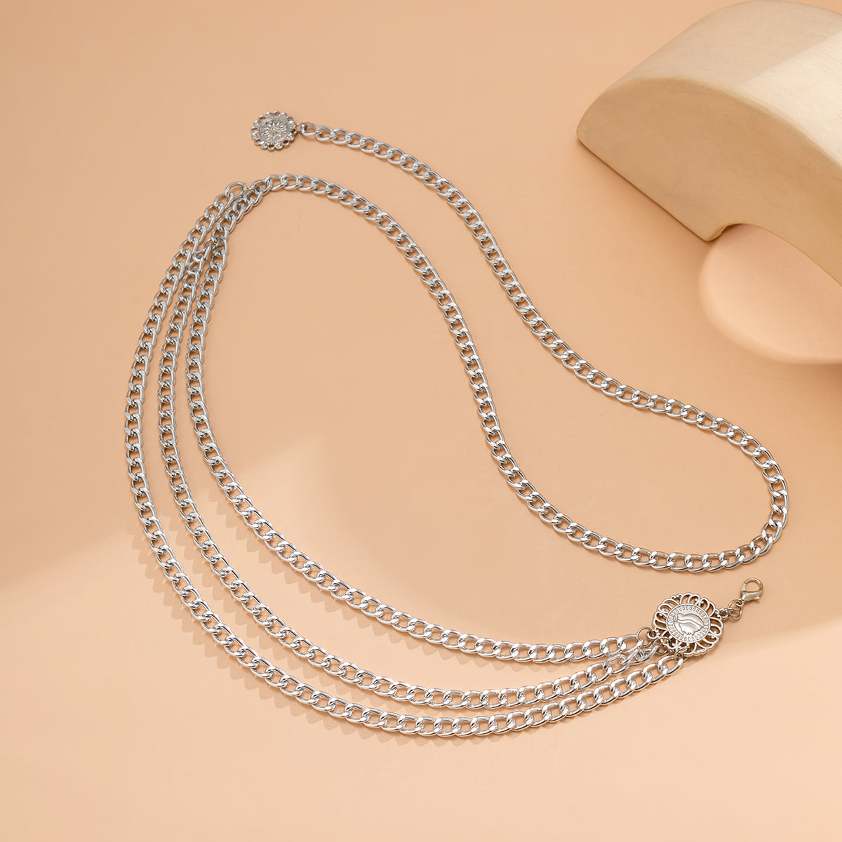 Silver-Plated Tassel-Accent Layered Curb Chain Waist Belt, silver pendant necklace for women, styled look