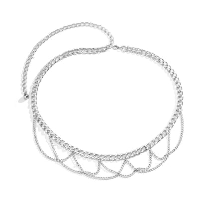 Silver-Plated Layered Curb Chain Waist Belt, silver pendant necklace for women, elegant gift for her, styled look