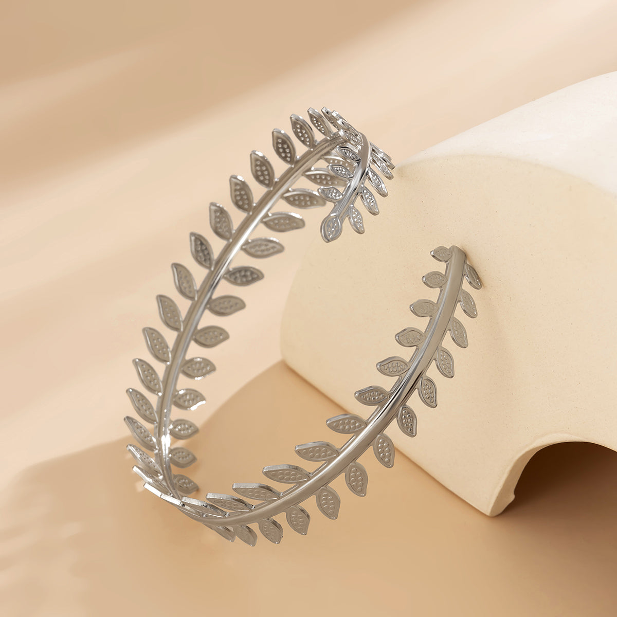 Silver-Plated Leaf Bypass Arm Cuff, dainty minimalist design, styled look