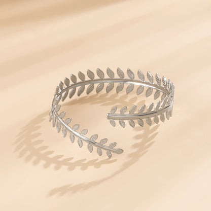 Silver-Plated Leaf Bypass Arm Cuff, dainty minimalist design, side view