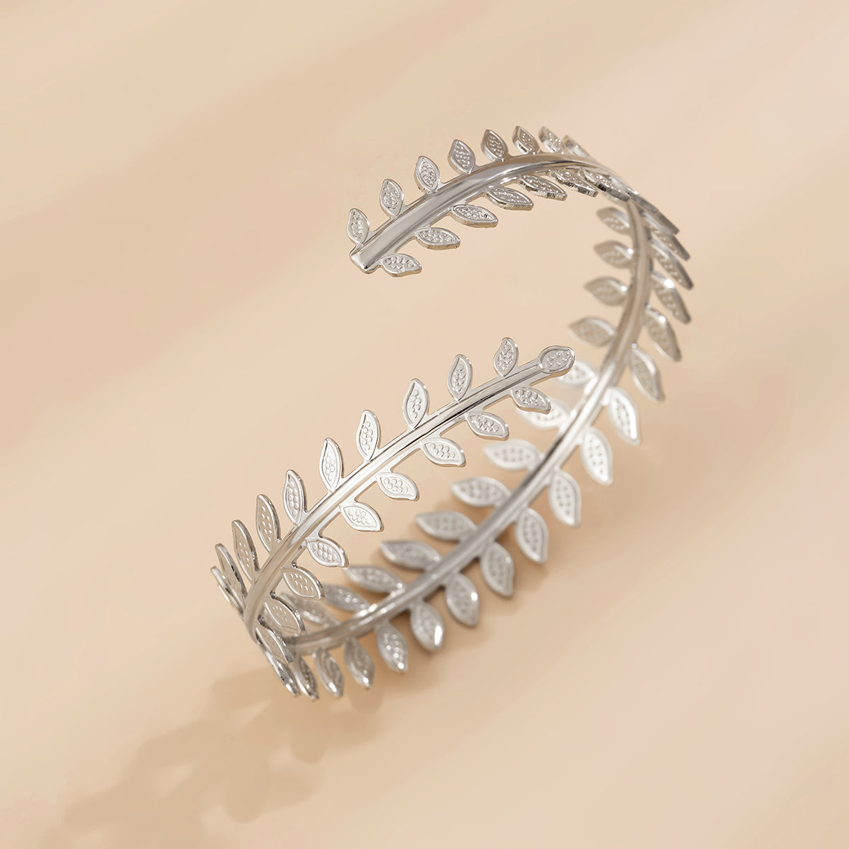 Silver-Plated Leaf Bypass Arm Cuff, dainty minimalist design, detail close-up