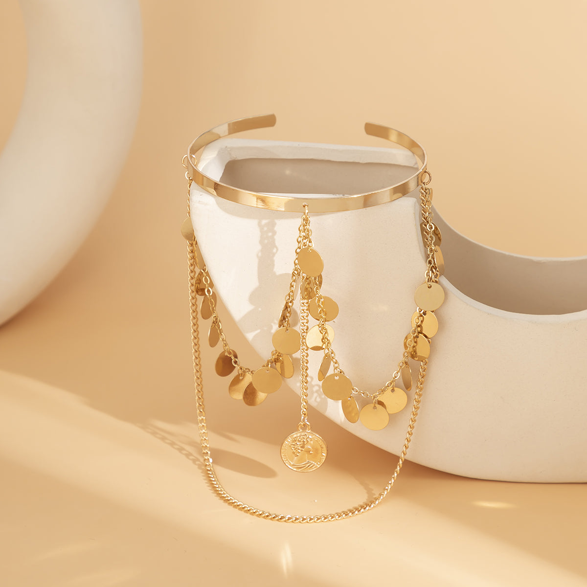 18K Gold-Plated Sequin Tassel Arm Cuff, vintage-inspired design, styled look