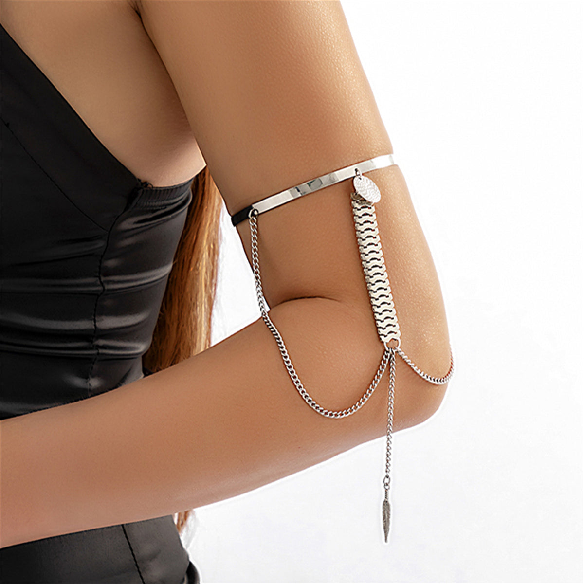 Silver-Plated Feather Drop Chain Arm Cuff